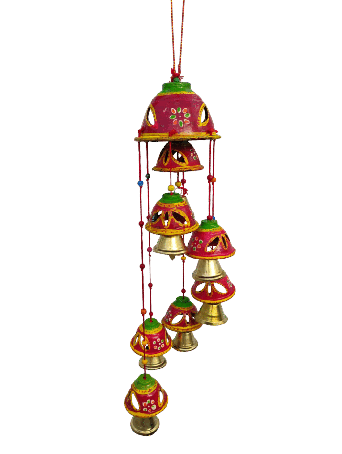Handmade Umbrella Red Ghumar Hanging | Brass Bells & Wooden Beads | 2sat